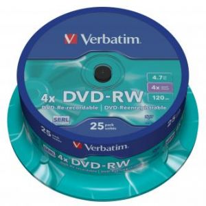 VERBATIM DVD-RW, 43639, DataLife PLUS, 25-pack, 4.7GB, 4x, 12cm, General, Serl, cake box,