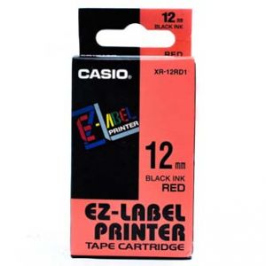 CASIO originální páska do tiskárny štítků, CASIO XR-12RD1, černý tisk/červený podklad, ne