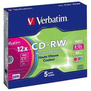 VERBATIM CD-RW, 43167, DataLife PLUS, 5-pack, 700MB, Serl, 8-12x, 80min., 12cm, Color, bez