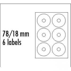 LOGO etikety na CD 78/18mm, A4, matné, bílé, 6 etiket, 140g/m2, baleno po 10 ks, pro inkou