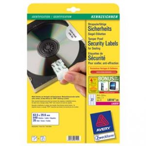 Bezpečnostní samolepící etikety AVERY pro laser, 63,5x29,6mm 20 listů A4, 27ks/A4