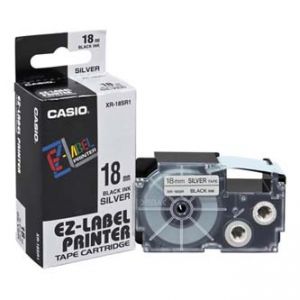 CASIO originální páska do tiskárny štítků, CASIO XR-18SR1, černý tisk/stříbrný podklad, 1