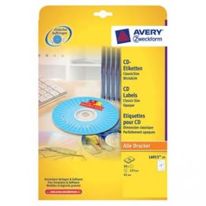 Etikety na CD Avery matné bílé, 25xA4, průměr 117/41mm, 2 ks na A4, pro inkoustové a las