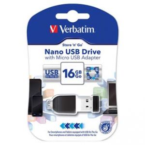 VERBATIM USB flash disk, 2.0, 16GB, Nano Store ,N, Stay, s adaptérem Micro USB, černý