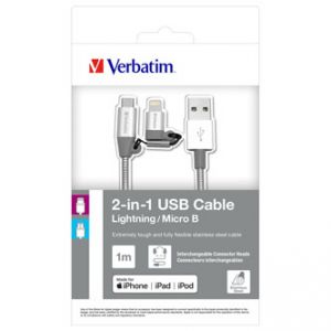 Verbatim USB kabel (2.0), USB A samec - microUSB samec + Apple Lightning samec, 1m, stříb