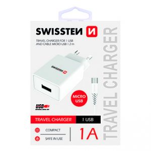 SWISSTEN Síťový adaptér, s microUSB kabelem, 100-240V, 5V, 1000mA, nabíjení mobilních tel