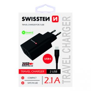 SWISSTEN Síťový adaptér, s USB-C kabelem, 100-240V, 5V, 2100mA, nabíjení mobilních telefo