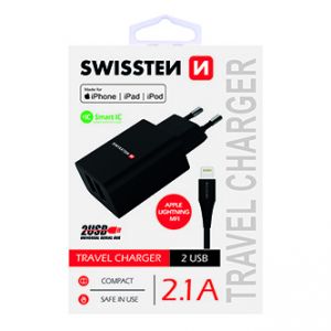Síťový adaptér SWISSTEN 10W, 2 porty, USB-A, kabel Lightning Mfi, Smart IC