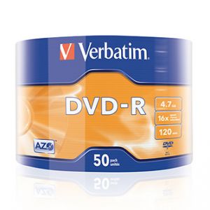 Verbatim DVD-R, 43788, 50-pack, 4.7GB, 16x, 12cm, Matt Silver, cake box, Azo+, pro archiva