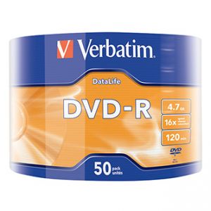 Verbatim DVD-R, 43791, DataLife, 50-pack, 4.7GB, 16x, 12cm, Matt Silver, cake box, pro arc