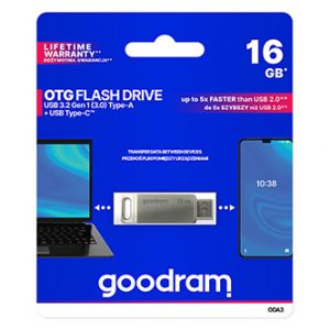 Goodram USB flash disk, USB 3.0, 16GB, ODA3, stříbrný, ODA3-0160S0R11, USB A / USB C, s o