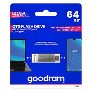 Goodram USB flash disk, USB 3.0 (3.2 Gen 1), 64GB, ODA3, stříbrný, ODA3-0640S0R11, USB A /