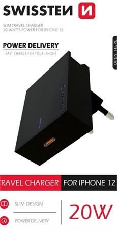 SWISSTEN Síťový adaptér port USB-C, 100-240V, 20W černý - Nabíječka vhodná pro iPhone 12