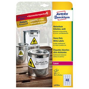 Avery Zweckform etikety 45.7mm x 21.2mm, A4, bílé, 48 etiket, velmi odolné, baleno po 8 ks