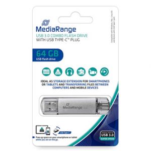 MediaRange USB flash disk, USB 3.0 (3.2 Gen 1), 64GB, stříbrný, MR937, USB A / USB C, s kr