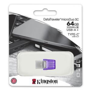 Kingston USB flash disk OTG, USB 3.0 (3.2 Gen 1), 64GB, Data Traveler microDuo3 G2, stříbr