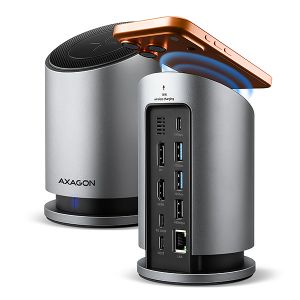 AXAGON HMC-WL9, USB 10Gbps hub s Qi, 3x USB-A, USB-C, HDMI & DP 4k/60Hz, RJ-45, PD 100W, k