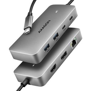 AXAGON HMC-CUB83X2, USB 10Gbps hub, 2x USB-A, USB-C, HDMI & DP 4k/144Hz, RJ-45, PD 100W, k