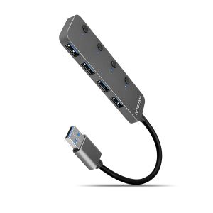 AXAGON HUE-MSA, 4x USB 3.2 Gen 1 SWITCH hub, kovový, micro USB nap. konektor, kabel USB-A