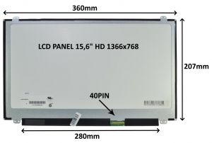 LCD PANEL 15,6" HD 1366x768 40PIN LESKLÝ / ÚCHYTY NAHOŘE A DOLE